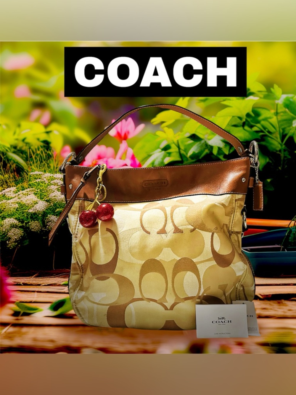 Rare vintage Coach soho Shoulder Bag Tan Signature Logo with Cherry Charm - Picture 7 of 17